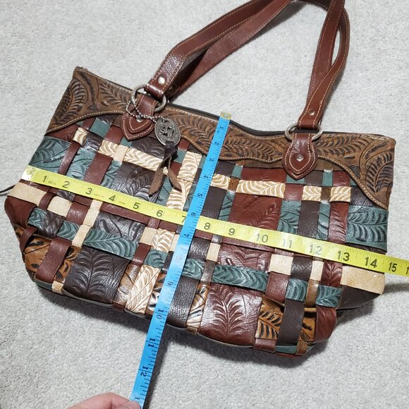 AMERICAN WEST Tooled Leather Woven Shoulder Tote Bag Purse Weave Western Boho - Picture 12 of 14